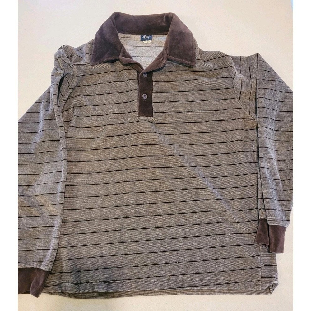Bugge‎ Rugby Polo Shirt Mens XL Velour 70s Club Disco Skate Grunge Striped Brown